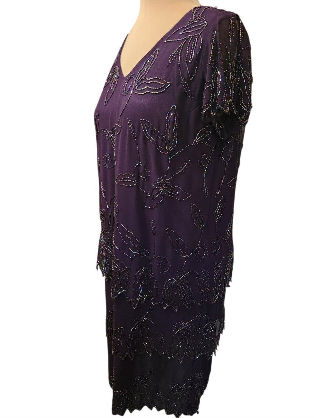 J KARA Purple Beaded Tiered Formal Midi Dress - Size 14W - Picture 7 of 14